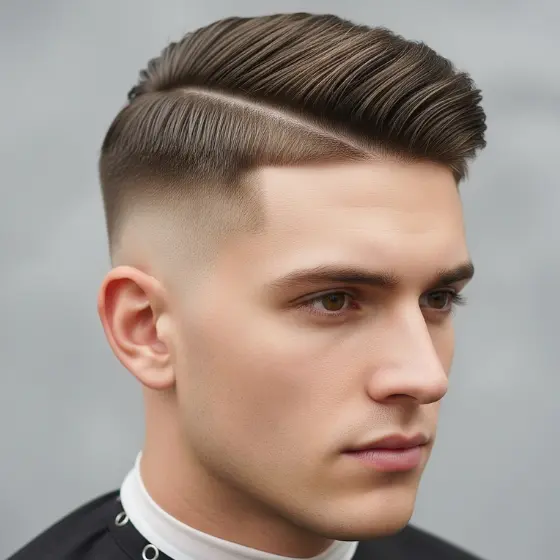 A man with neatly styled short hair featuring a side part and fade, showcasing a classic example of side parted mens hairstyles. He wears a black cape, likely at a barbershop, against a gray background.