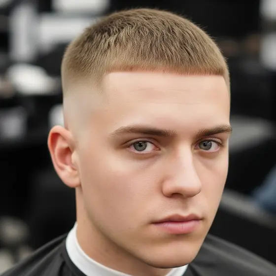 Young man with a neat buzz cut and faded sides, wearing a black barber cape. He gazes confidently at the camera in a barbershop setting, showcasing one of the popular hairstyles for men with fine hair.