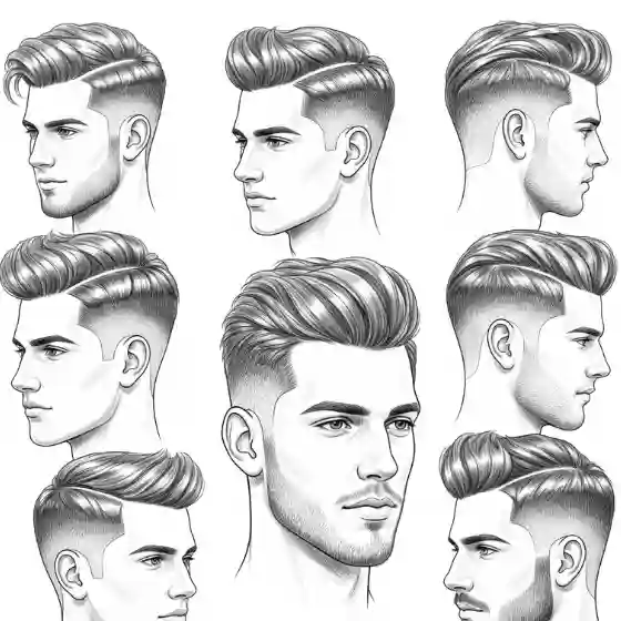 Multiple pencil sketches of a man's head illustrate various angles and hairstyles. The styles depict a modern undercut with textured top and side parted mens hairstyles, conveying a trendy, chic vibe.