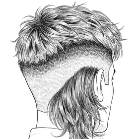 Illustration of a person with a mullet hairstyle, featuring shaved sides and longer, textured hair on top and back — a bold, edgy style often adapted as one of the trendy hairstyles for men with fine hair.