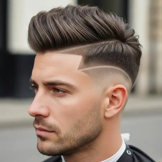 Young man with a stylish side parted mens hairstyles featuring a sharp side part and geometric designs on a faded buzzcut. He has a focused expression outdoors.