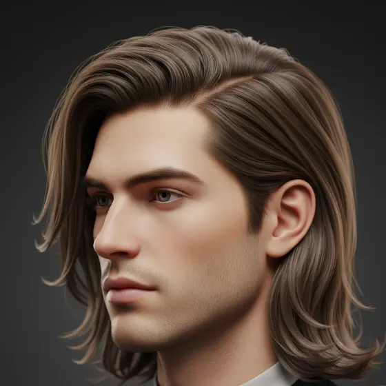 Realistic digital rendering of a man with long, brown, side parted mens hairstyles swept-back hair and facial stubble, wearing a high-collared shirt, against a dark background.