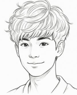 Illustration of a young man with short, fluffy curly hair