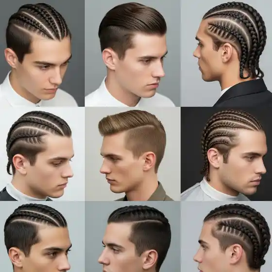 A grid of nine stylish side parted mens hairstyles. Rows alternate between intricate cornrows and sleek side-parted hair, showcasing modern grooming trends.
