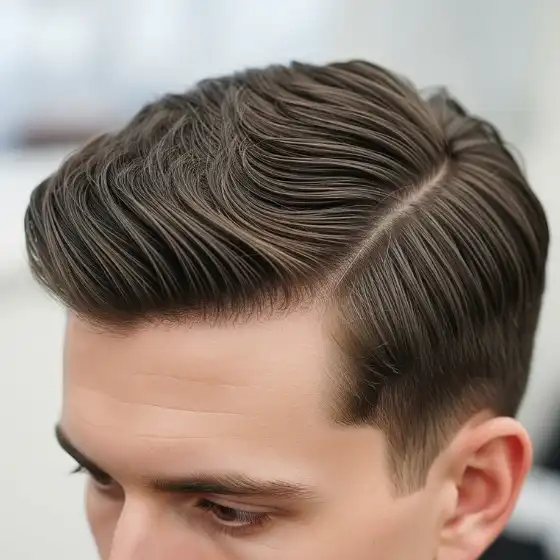 Close-up of a man with neatly styled brown hair featuring a clean side part and sleek waves. This example of side parted mens hairstyles is well-groomed, exuding a polished look.