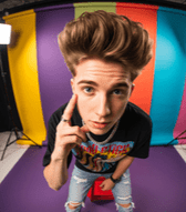 A man with a fluffy TikTok haircut poses with a camera against a bright, colorful background