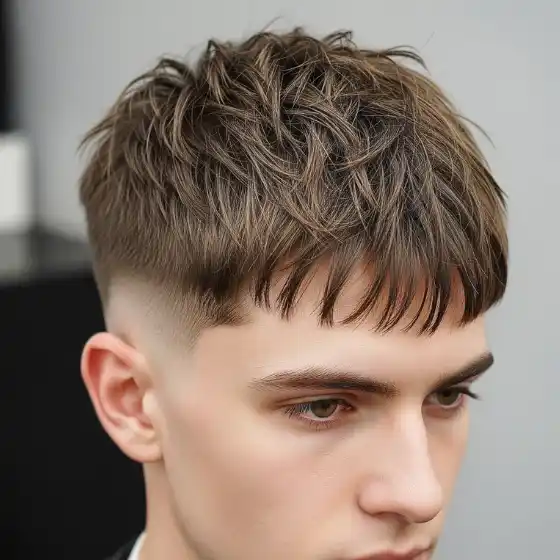 16 Best Hairstyles for Men with Fine Hair - Outstanding & Stylish 2 A close-up of a young person showcasing one of the popular hairstyles for men with fine hair, featuring a textured brown crop haircut and a subtle fade on the sides, set against a neutral blurred background.