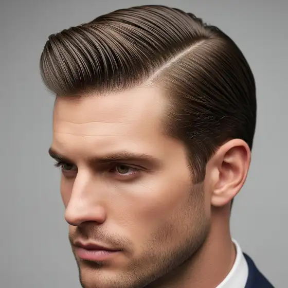 24 Stylish Side Parted Men Hairstyles 2 A close-up of a well-groomed hairstyle with a side part, showcasing sleek, shiny brown hair against a neutral background, representing stylish side parted mens hairstyles.