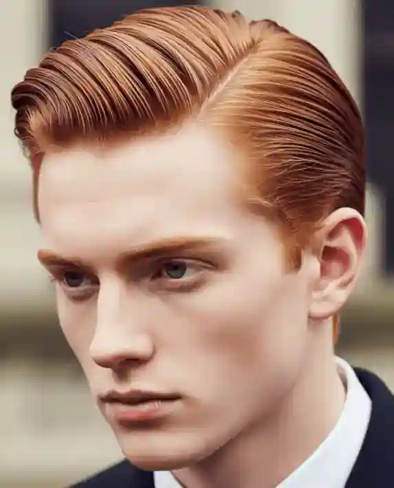 Eye-Catching Mens Red Hair Hairstyles 2 A man with striking red hair styled in a Side-Swept Slicked Back look, representing popular Mens Red Hair Hairstyles