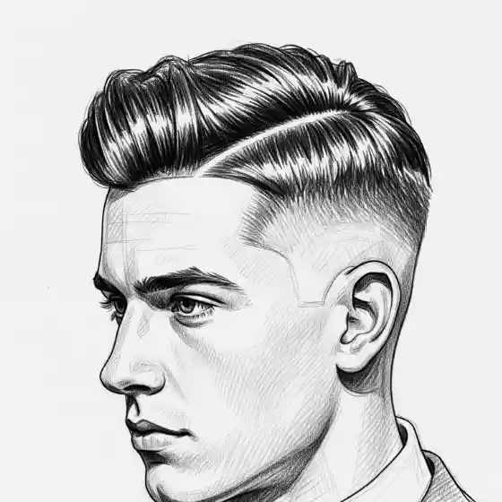 A detailed pencil sketch of a man in profile, featuring a classic pompadour as part of side parted mens hairstyles, paired with a sharp suit. The drawing conveys a refined, sophisticated tone.