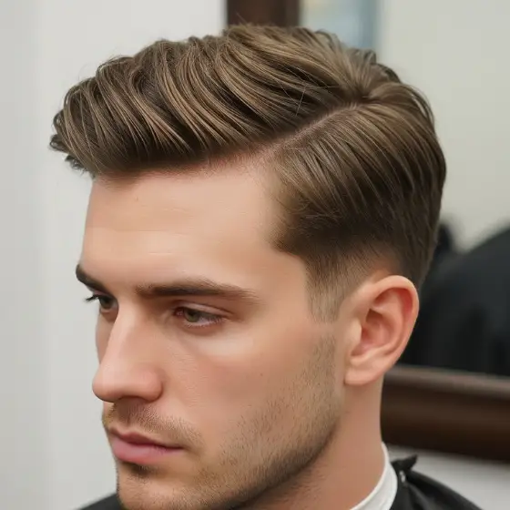 A man with a stylish, side parted mens hairstyles look, featuring neatly groomed brown hair that fades to shorter sides. Clean-shaven, wearing a black barber’s cape, in a modern barbershop.