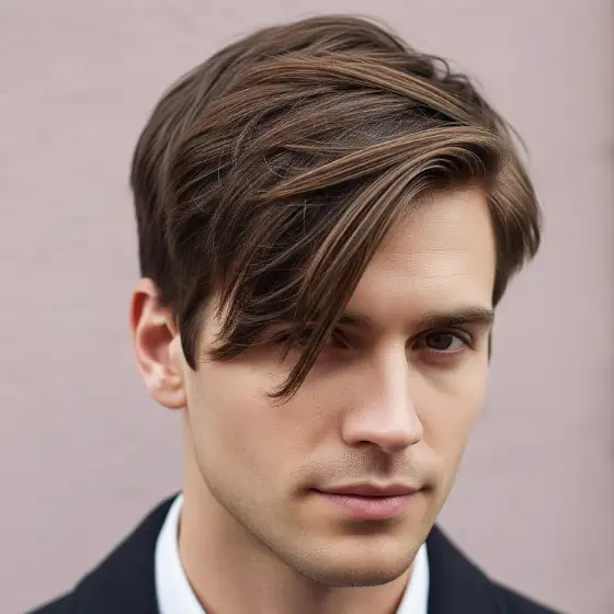 Young man with tousled brown hair styled in one of the trendy side parted mens hairstyles, and a slight smile, wearing a dark coat and white shirt, against a muted pink wall. Casual, stylish vibe.