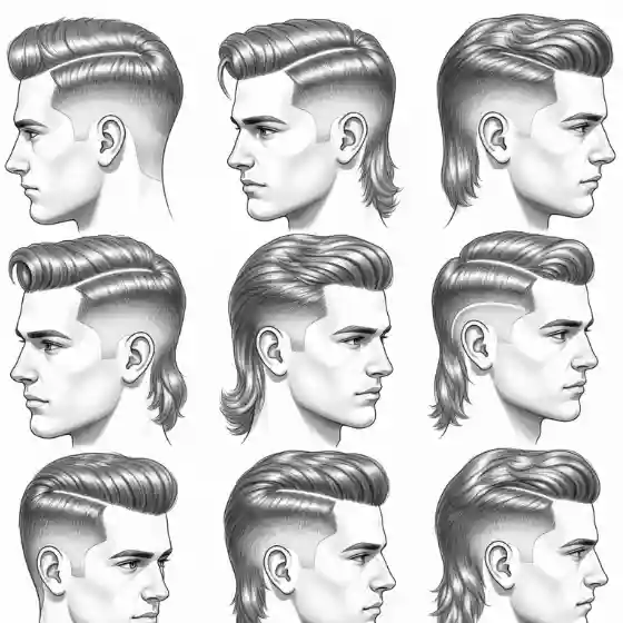 Nine grayscale illustrations of men in profile, each sporting various modern hairstyles. Styles include side parted mens hairstyles, fades, mullets, and slicked-back looks.
