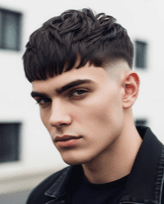 A young man with a short haircut and angular fringe, wearing a black jacket
