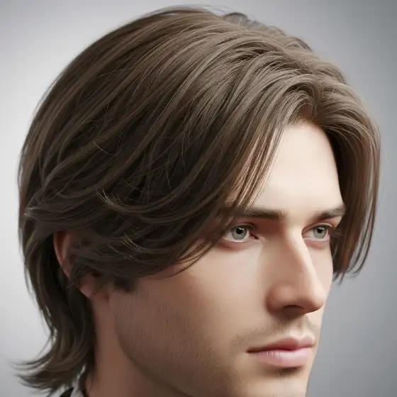 16 Best Hairstyles for Men with Fine Hair - Outstanding & Stylish 3 Young man with light brown, medium-length hair and stubble, showcasing one of the classic hairstyles for men with fine hair. He gazes to the right thoughtfully, wearing a white collared shirt and navy jacket.