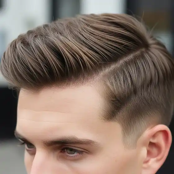 24 Stylish Side Parted Men Hairstyles 3 A stylish, textured haircut featuring a voluminous top, clean sides, and a sharp side part, showcasing classic side parted mens hairstyles against a blurred background.