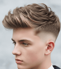 A young man with a fluffy fade hairstyle, featuring short hair on the sides and slightly longer hair on top