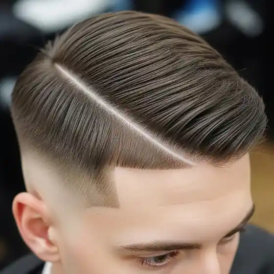 24 Stylish Side Parted Men Hairstyles 4 A stylish example of side parted mens hairstyles, featuring a neatly combed look with a sharp side part and a faded undercut, showcasing smooth, textured locks.