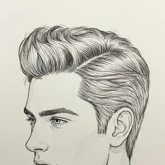 16 Best Hairstyles for Men with Fine Hair - Outstanding & Stylish 4 Illustrated side profile of a young man with meticulously styled hair, representing hairstyles for men with fine hair. The drawing emphasizes strong, elegant lines with a clean, refined look.
