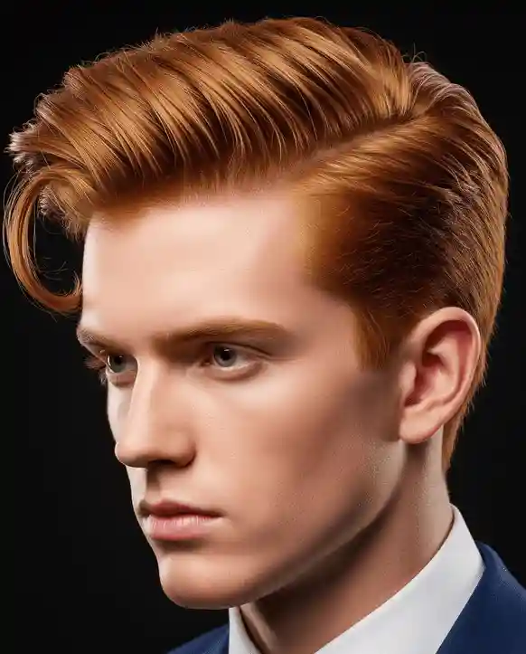 Eye-Catching Mens Red Hair Hairstyles 4 A young man with bright red hair styled in a Messy Quiff, showcasing a trendy and modern hairstyle