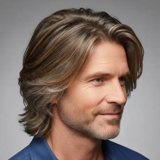 16 Best Hairstyles for Men with Fine Hair - Outstanding & Stylish 5 A middle-aged man with long, wavy hair and light stubble smiles gently against a gray background, wearing a blue shirt. The tone is calm and relaxed, showcasing one of the stylish hairstyles for men with fine hair.