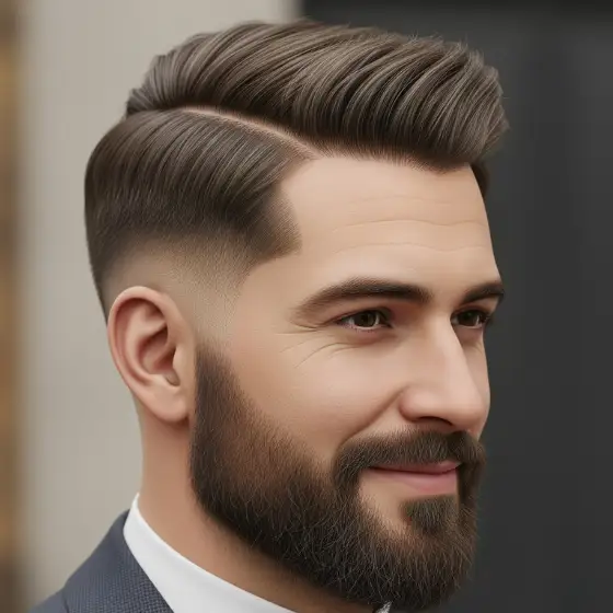 24 Stylish Side Parted Men Hairstyles 6 A well-groomed man with side parted mens hairstyles, featuring a stylish, swept-back haircut, wearing a sharp suit and showing a polished look.