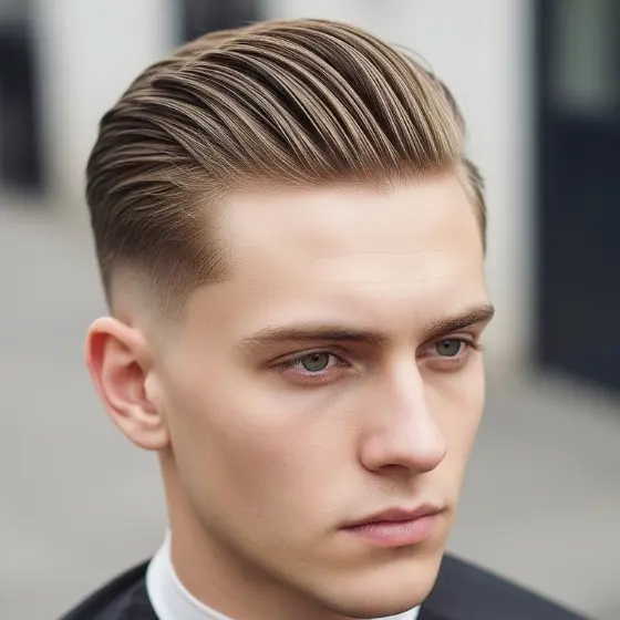 16 Best Hairstyles for Men with Fine Hair - Outstanding & Stylish 6 A person with styled, slicked-back hair and a fade haircut looks serious. The modern hairstyle, ideal for hairstyles for men with fine hair, gives a polished, sophisticated appearance.