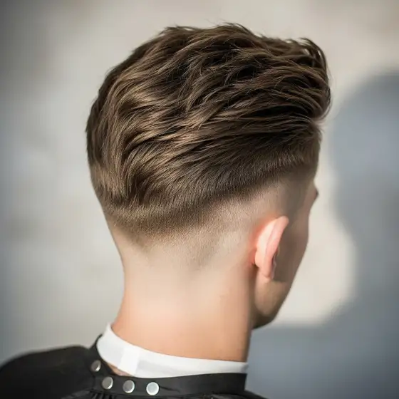 16 Best Hairstyles for Men with Fine Hair - Outstanding & Stylish 7 A man with a neat undercut hairstyle, featuring short sides and voluminous, textured hair on top — a great example of hairstyles for men with fine hair. He wears a black barber cape. The mood is stylish and modern.
