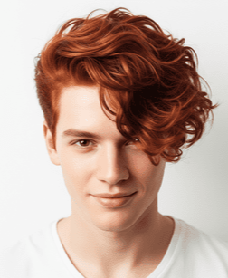 Eye-Catching Mens Red Hair Hairstyles 5 Curly Top man with red hair in a white t-shirt smiling casually