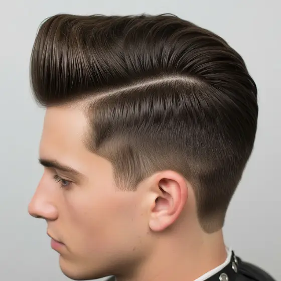 24 Stylish Side Parted Men Hairstyles 8 Side profile of a person with a slicked-back undercut hairstyle. The hair is neatly combed, with a prominent side part, showcasing a classic, polished example of side parted mens hairstyles.
