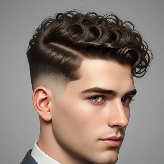 AI-generated image of a young man with brown wavy hair styled into a side parted mens hairstyle with a fade cut, wearing a suit, conveying a stylish and confident look.