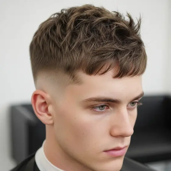 Young man with a textured undercut hairstyle, featuring short sides and longer, tousled hair on top — a great example of hairstyles for men with fine hair. He looks focused and composed, set against a blurred interior background.