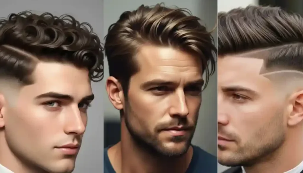 Three men's hairstyles are shown: the left features a curly top with a fade, the center showcases side parted mens hairstyles with swept-back layers, and the right has a modern undercut with shaved designs.