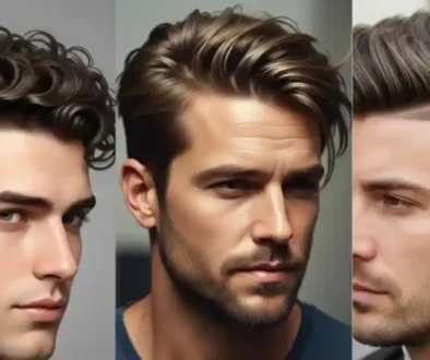 Three men's hairstyles are shown: the left features a curly top with a fade, the center showcases side parted mens hairstyles with swept-back layers, and the right has a modern undercut with shaved designs.
