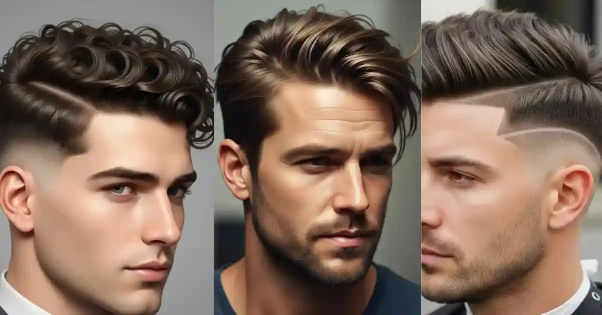 Three men's hairstyles are shown: the left features a curly top with a fade, the center showcases side parted mens hairstyles with swept-back layers, and the right has a modern undercut with shaved designs.