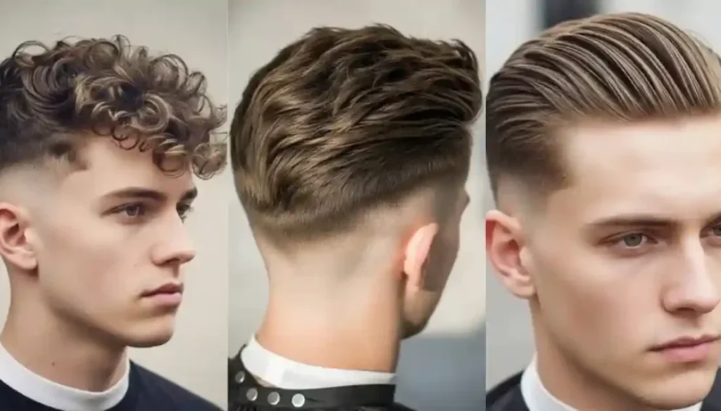 Three hairstyles for men with fine hair: curly fade on the left, textured undercut in the center, and slicked-back style on the right. Modern, stylish vibe.