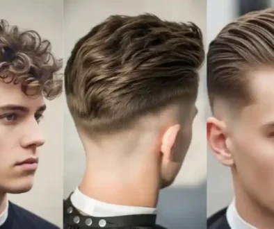 Three hairstyles for men with fine hair: curly fade on the left, textured undercut in the center, and slicked-back style on the right. Modern, stylish vibe.