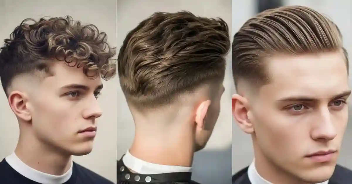Three hairstyles for men with fine hair: curly fade on the left, textured undercut in the center, and slicked-back style on the right. Modern, stylish vibe.