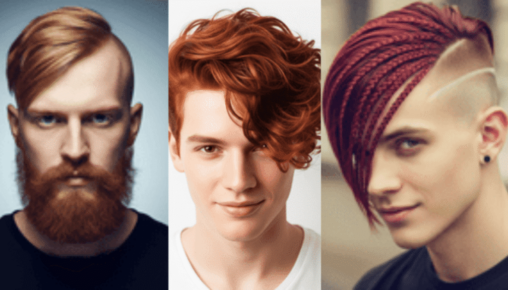 Mens Red Hair Hairstyles featuring a man with textured red hair, and another with a red beard in a braided style with short sides