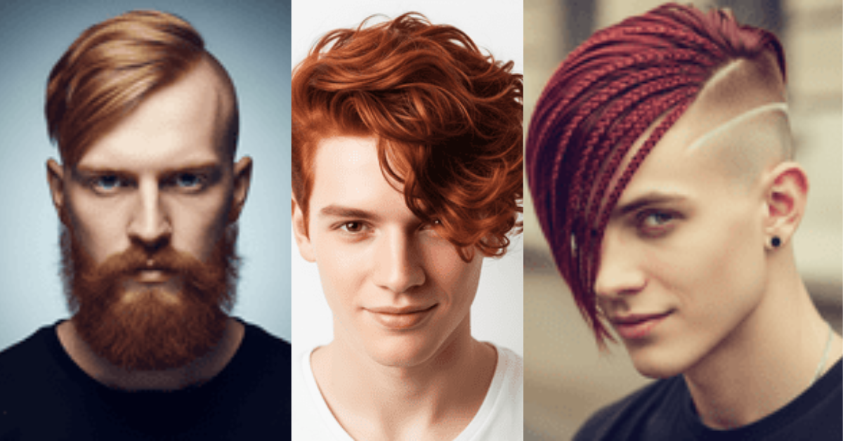Mens Red Hair Hairstyles featuring a man with textured red hair, and another with a red beard in a braided style with short sides
