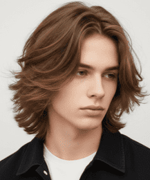 A man with long brown hair, featuring long fluffy layers, showcases fluffy hair for boys and men