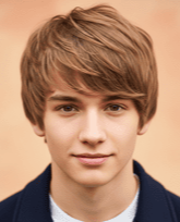 A young man with short, straight hair dressed in a blue jacket