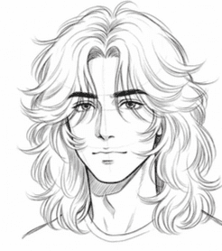 A drawing of a man with long, fluffy hair flowing down his shoulders