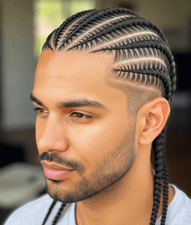A man with braided fishtail cornrows, representing a trendy protective hairstyle for men.