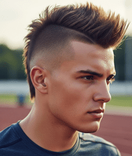 A young man sporting a faux hawk with spiked hair, representing a trendy and athletic hairstyle.