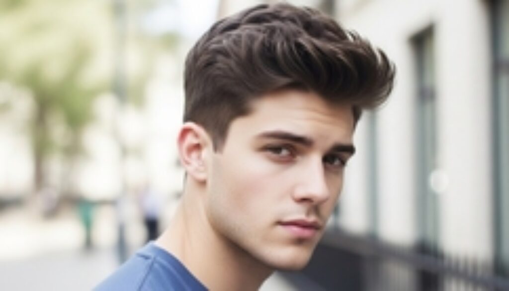 A young man sporting a short textured mod haircut, reflecting a contemporary and fashionable style for men.