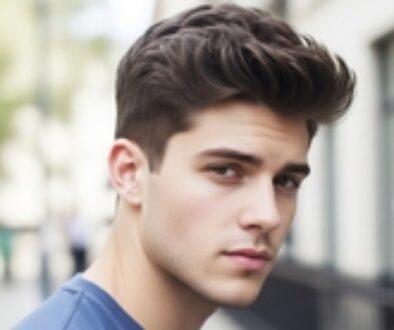 A young man sporting a short textured mod haircut, reflecting a contemporary and fashionable style for men.