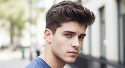The Mod Haircut for Men- 24 On-trend Hairstyles for Modern Men 1 A young man sporting a short textured mod haircut, reflecting a contemporary and fashionable style for men.