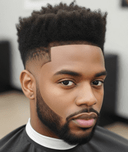 A man with a black beard and a sponge curly afro fade hairstyle, featuring a stylish high taper fade.