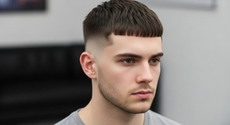 A man sporting a short beard and a textured micro-mod fringe haircut, exemplifying a contemporary men's hairstyle.